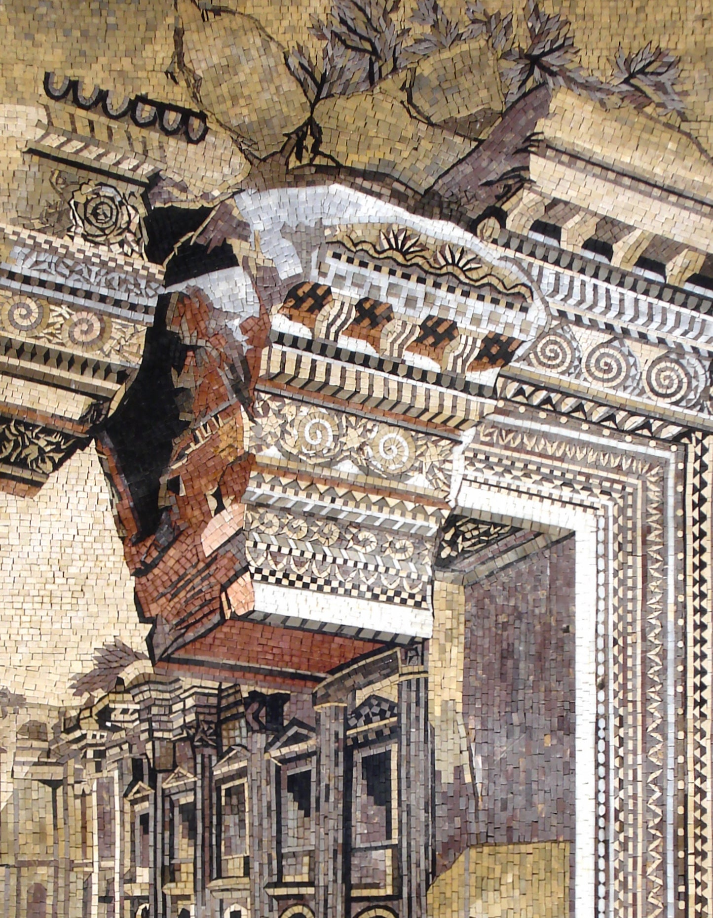 Handmade Ruin City Mosaic Tile Art: Marble Stone Wall Decor (62” x 48”)