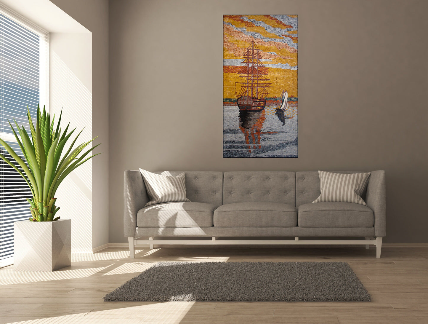 LS012 Coastal Sunset Sail Boat Marble Mosaic Landscape Art Tile