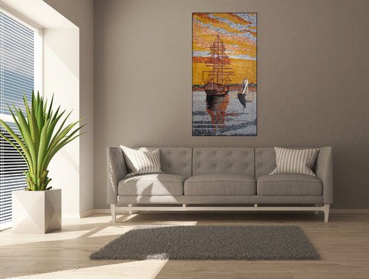 LS012 Coastal Sunset Sail Boat Marble Mosaic Landscape Art Tile