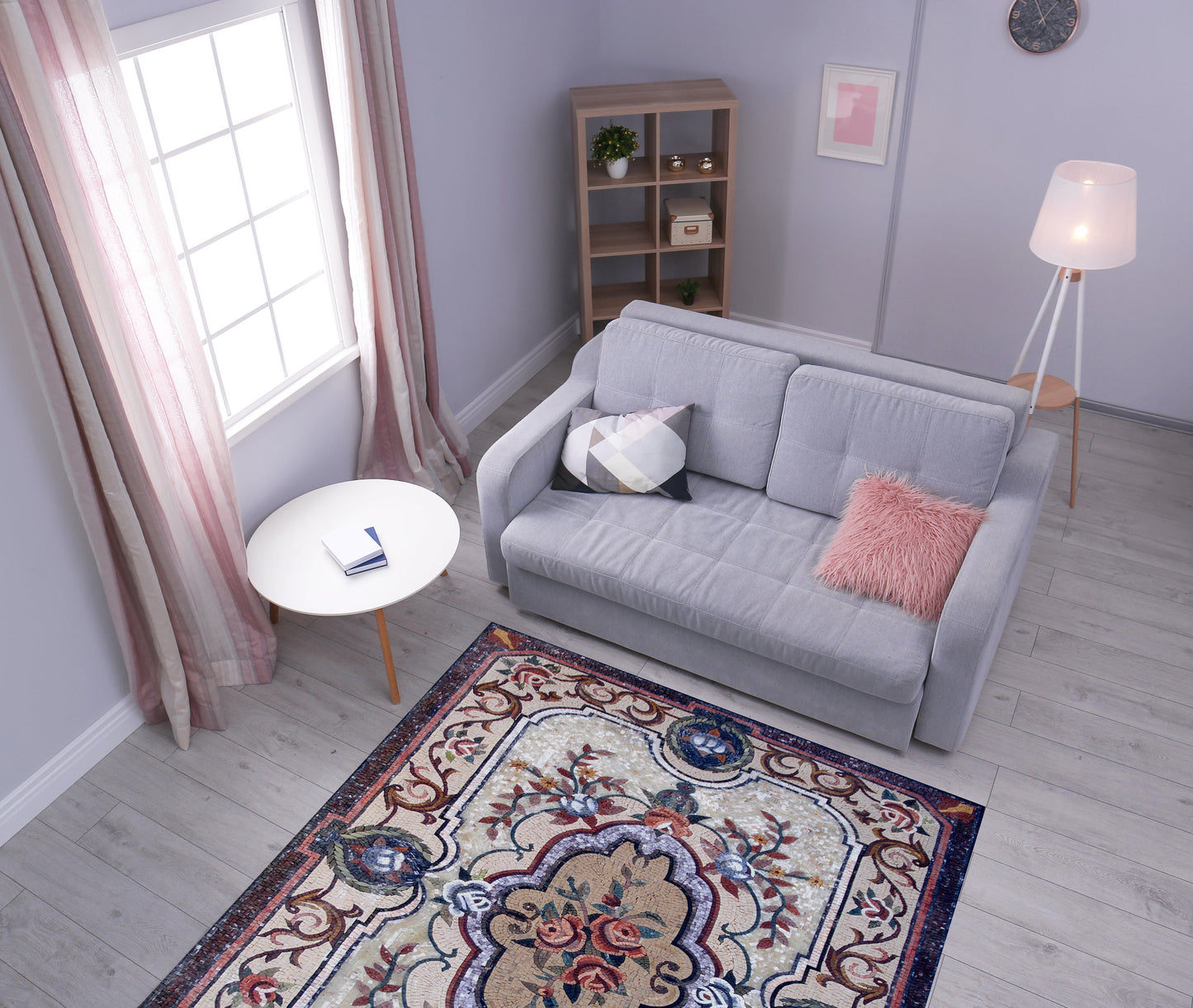 Handmade Marble Mosaic Rug: Floral Medallion Design (96” x 60")