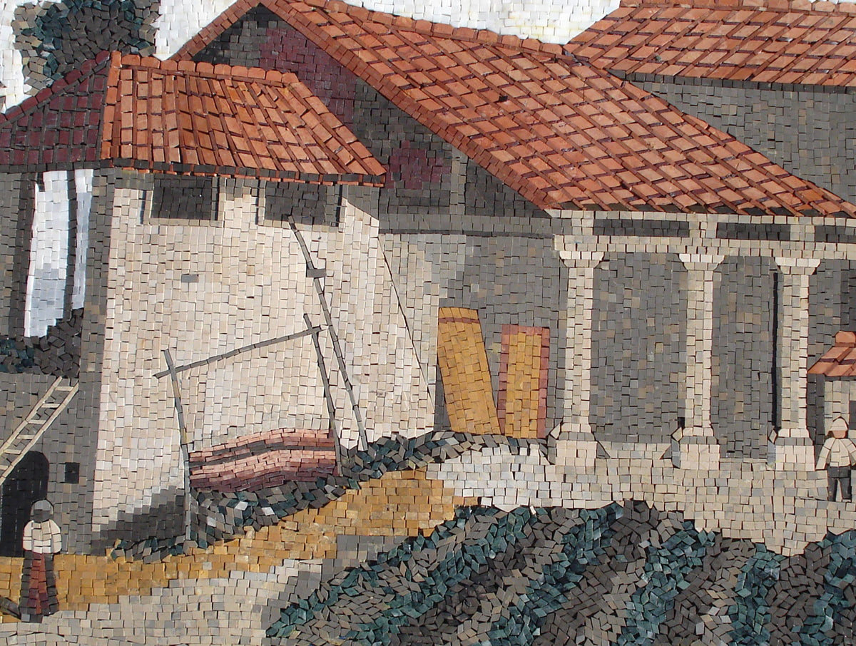 Handmade Marble Mosaic Tile Art: Rustic House Countryside Scene