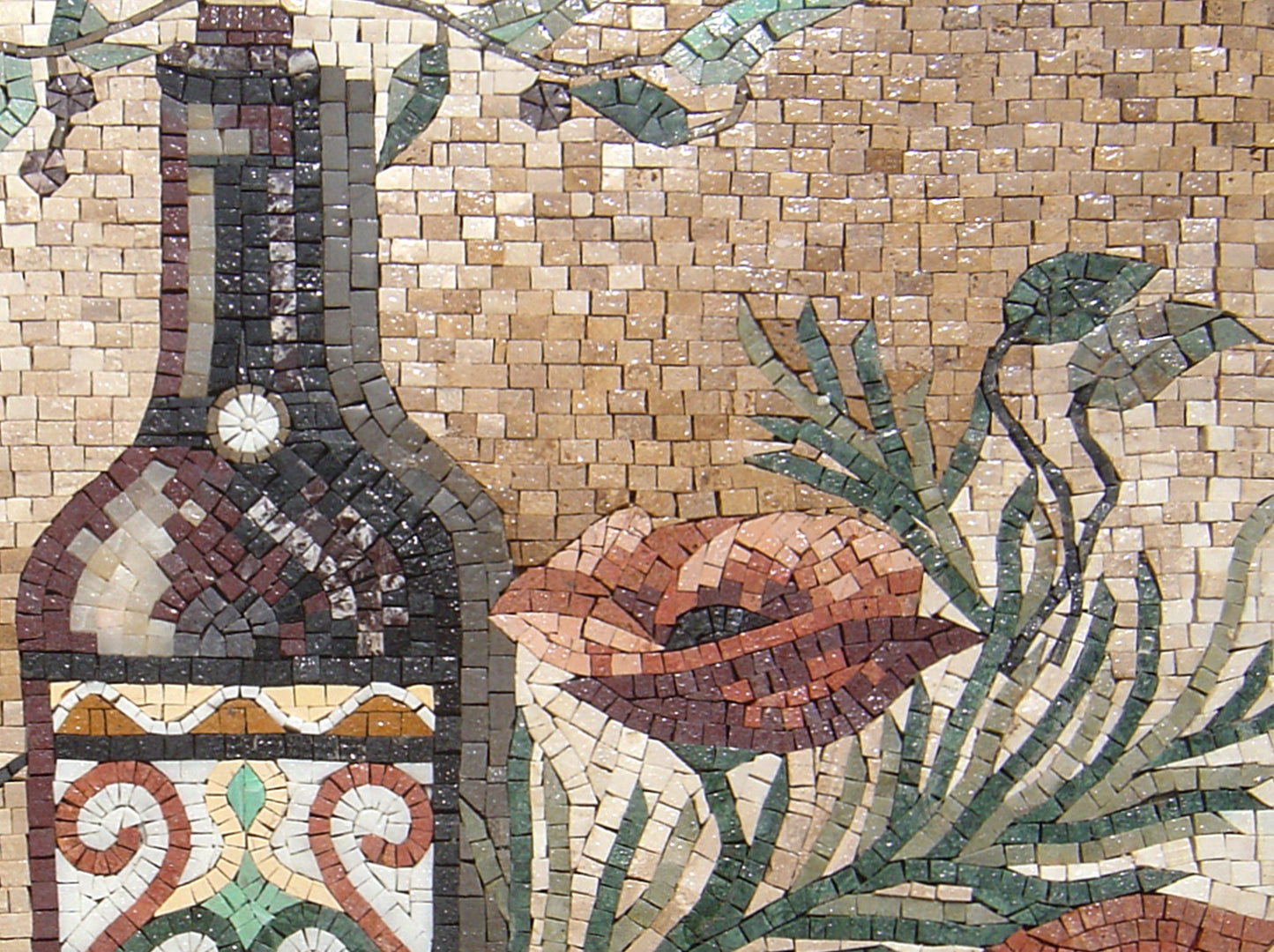 Handmade Marble Mosaic Mural: Wine & Fruit Kitchen Wall Art