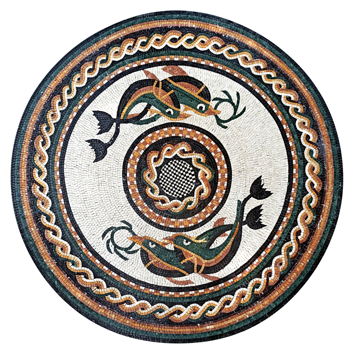 Handmade Marble Mosaic Medallion: 40" Dolphin Art Tile Stone Décor