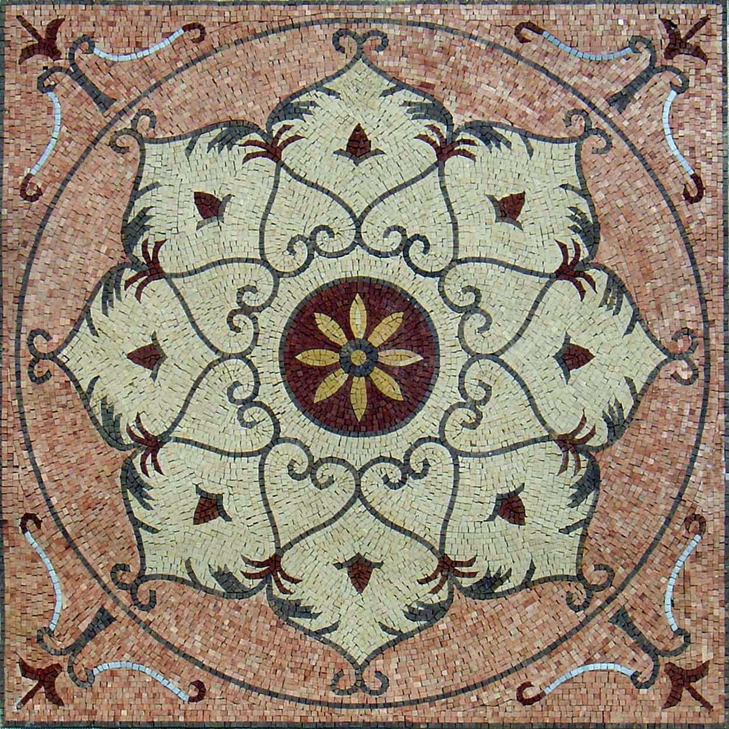 Floral Mosaic Mural: 36" Geometric Marble Tile Art