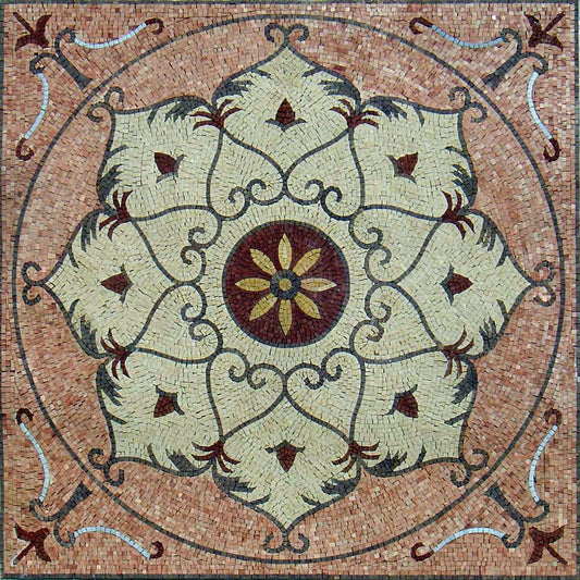 Floral Mosaic Mural: 36" Geometric Marble Tile Art