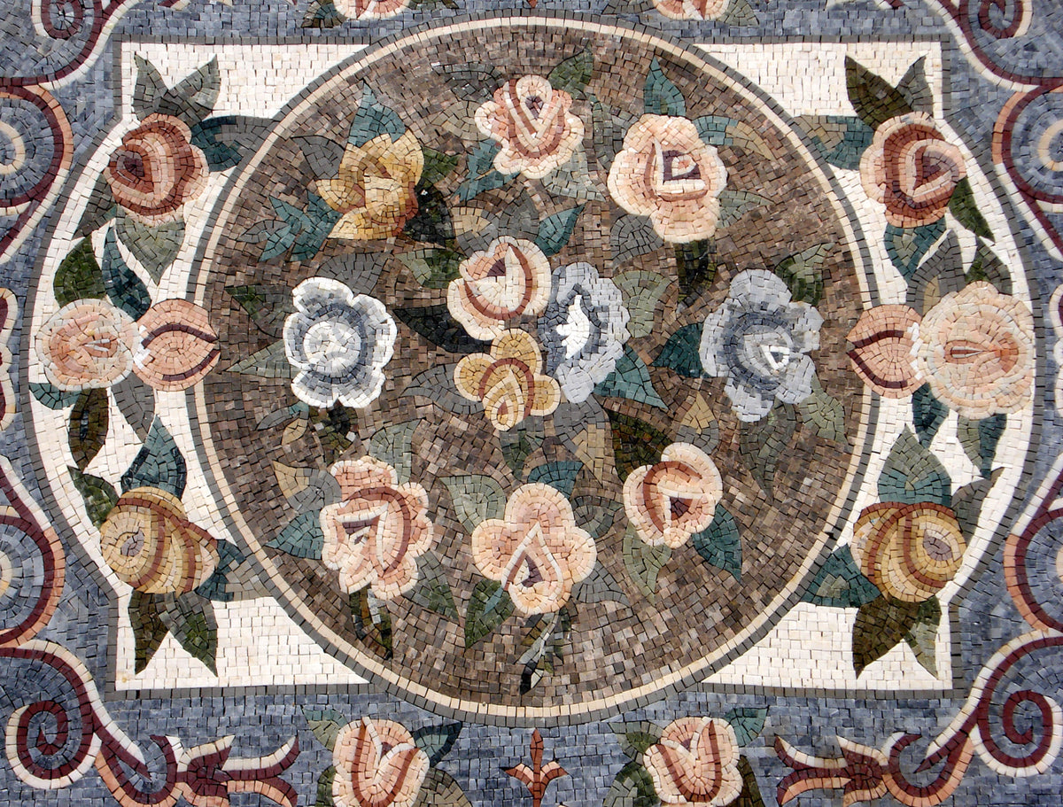 Handmade Flower Art Marble Mosaic Rug: Square Stone Rug (96” x 72")
