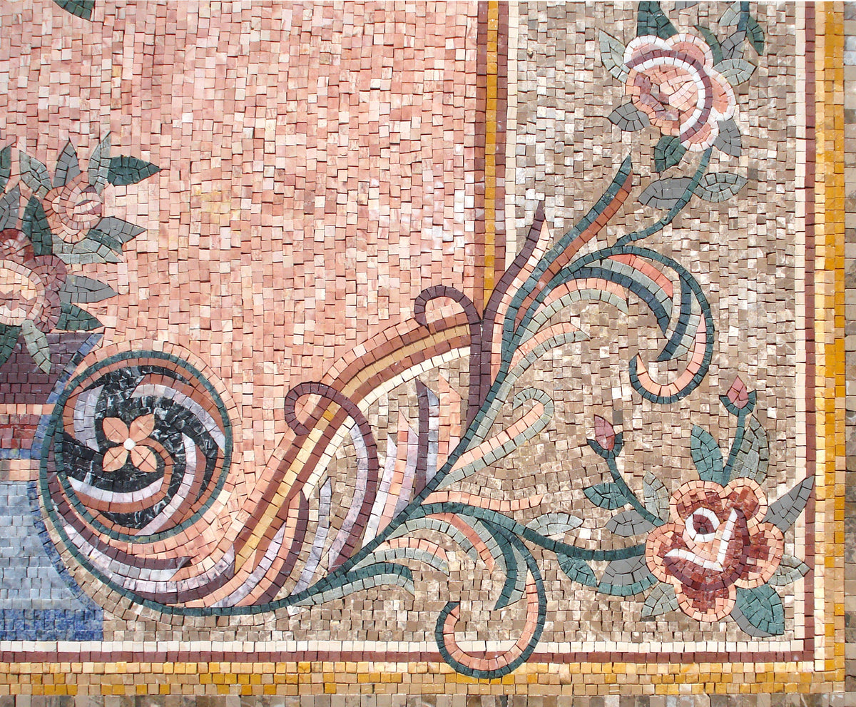 Handmade Marble Mosaic Rug: Floral Stone Tile Art (108” x 72")