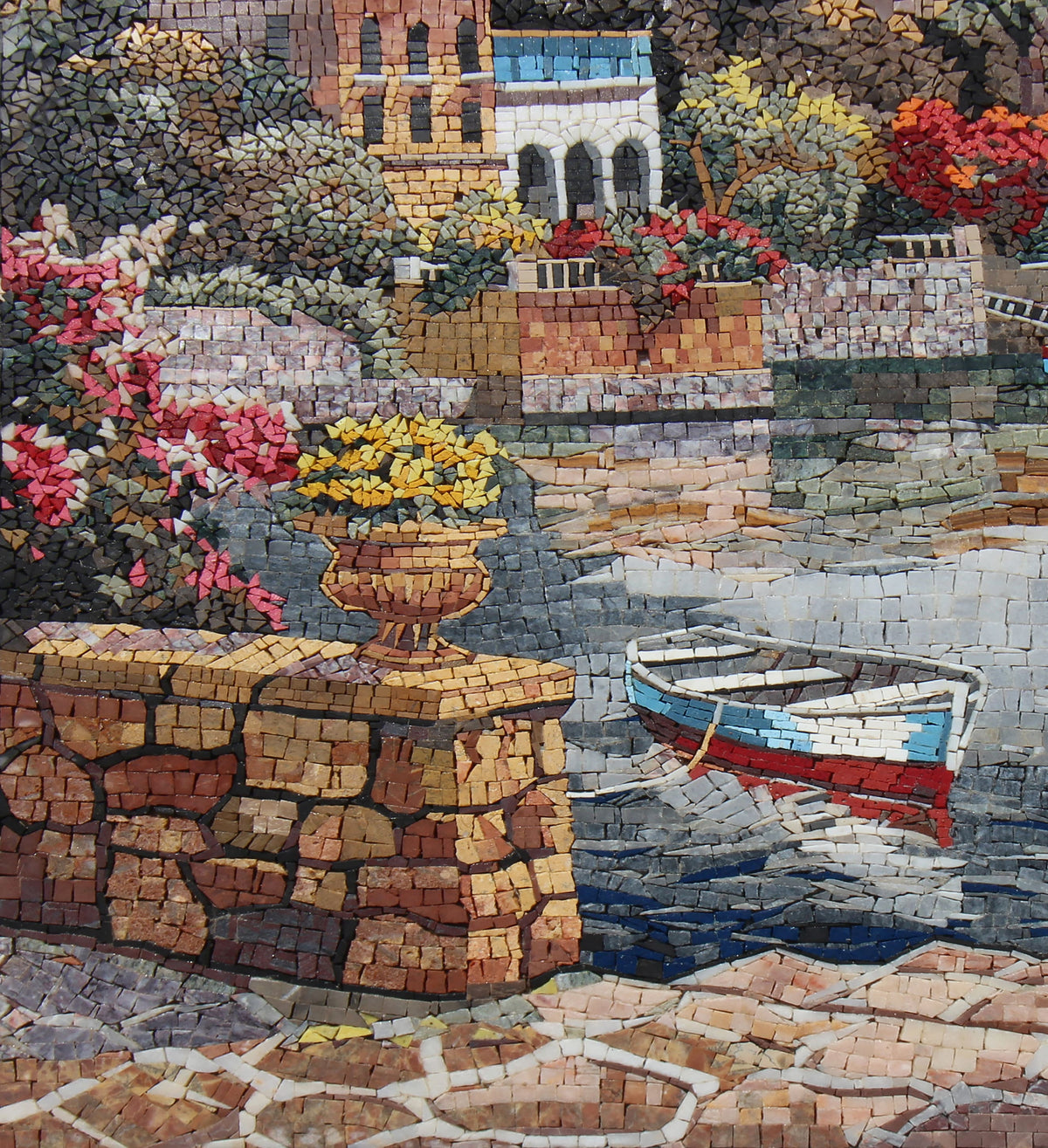 Seascape Mosaic Mural: Handmade Marble Sailboat, Coastal Village Art (40x40")