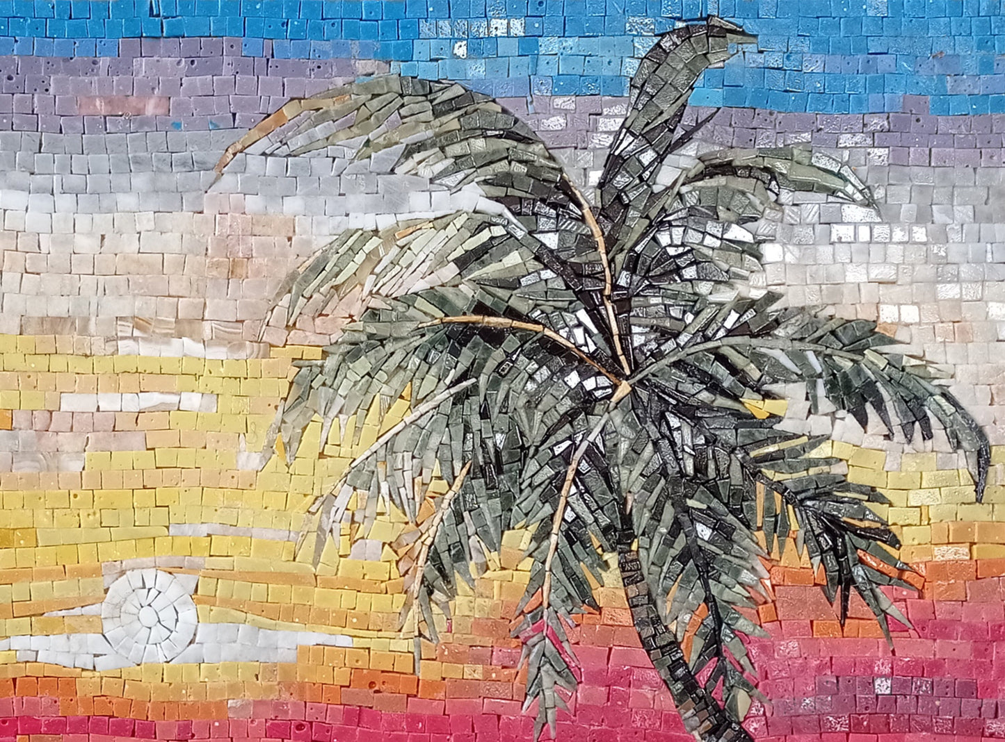 Handmade Sunset Mosaic Tile: Palm Trees & Boat Beach Scene