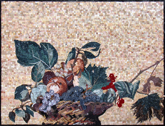 Handmade Fruit Bowl Mosaic Tile Art: Marble Kitchen Backsplash (32” x 24”)