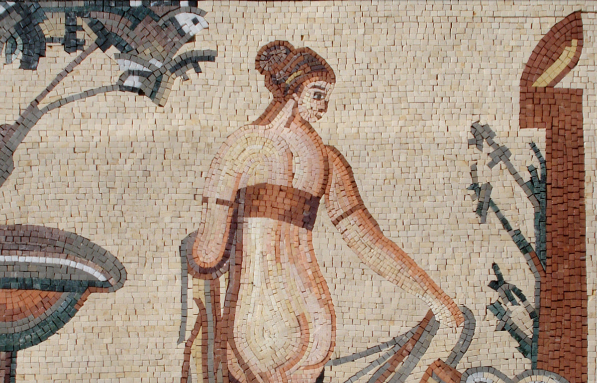 Handmade Leda and the Swan Mosaic Mural: Marble Tile Art (44” x 40")