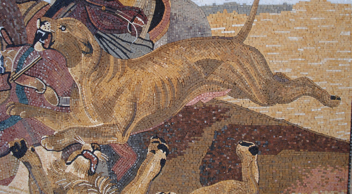 Lion Hunt Mosaic Mural: Horace Vernet Reproduction, Handmade Stone Tile Art