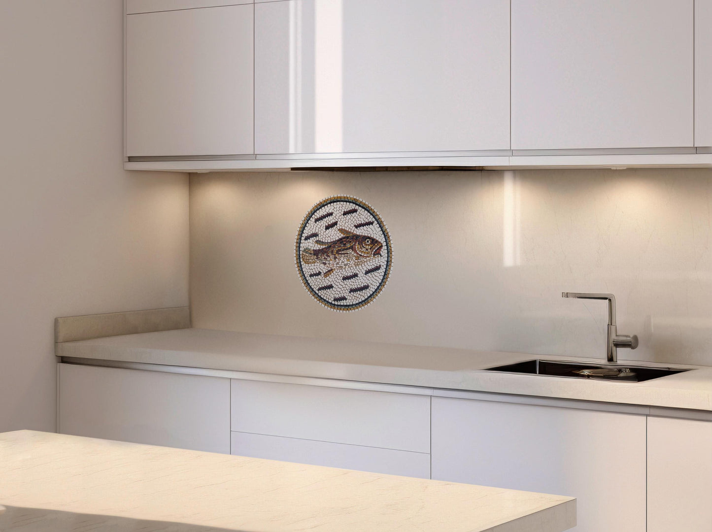 20" Fish Mosaic Medallion – Custom Handmade Marble Tile Art, Nautical Kitchen Backsplash, Customization available