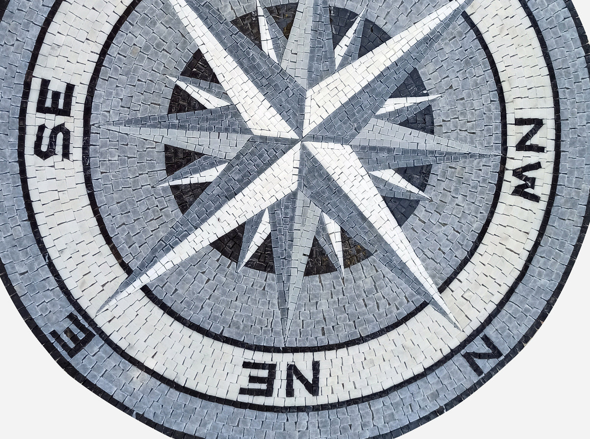 Handmade Marble Compass Rose Mosaic Medallion - Nautical Tile Art