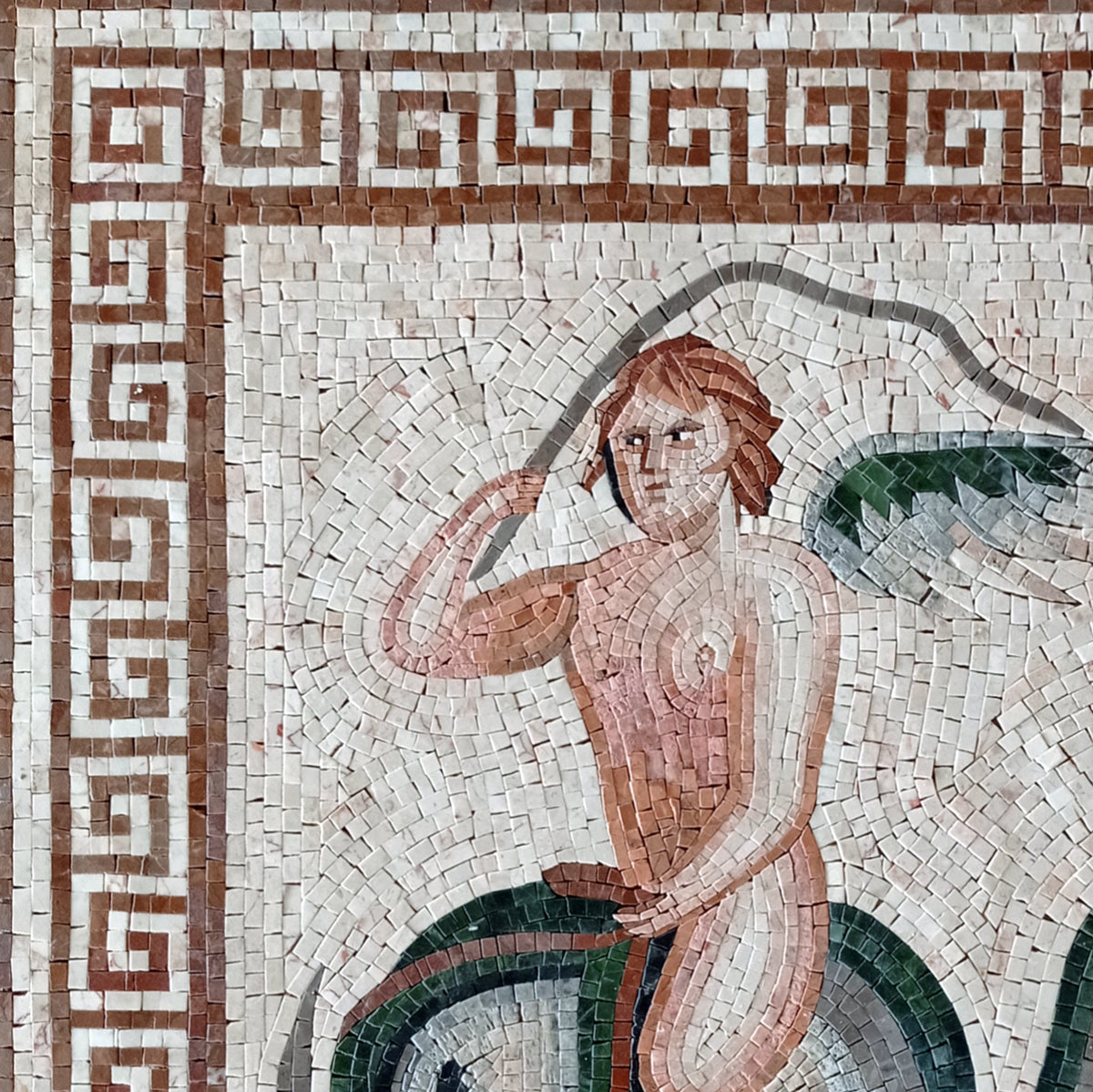 Handmade Eros Mosaic Mural: Greek God on Dolphin, Roman Art Tile (32x32)