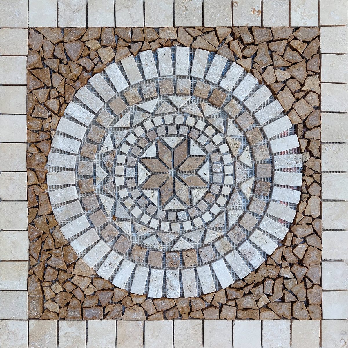 Handmade Marble Mosaic Medallion: Natural Stone Tropical Art (24” x 24”)