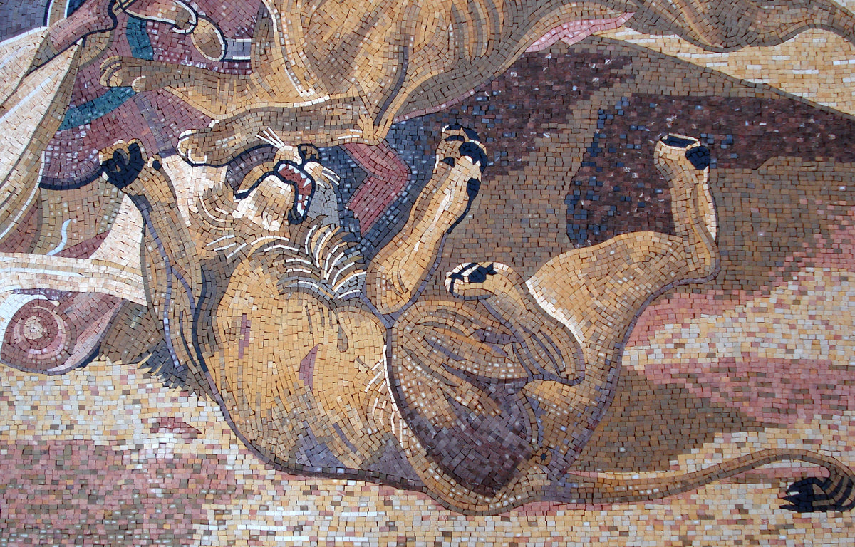 Lion Hunt Mosaic Mural: Horace Vernet Reproduction, Handmade Stone Tile Art