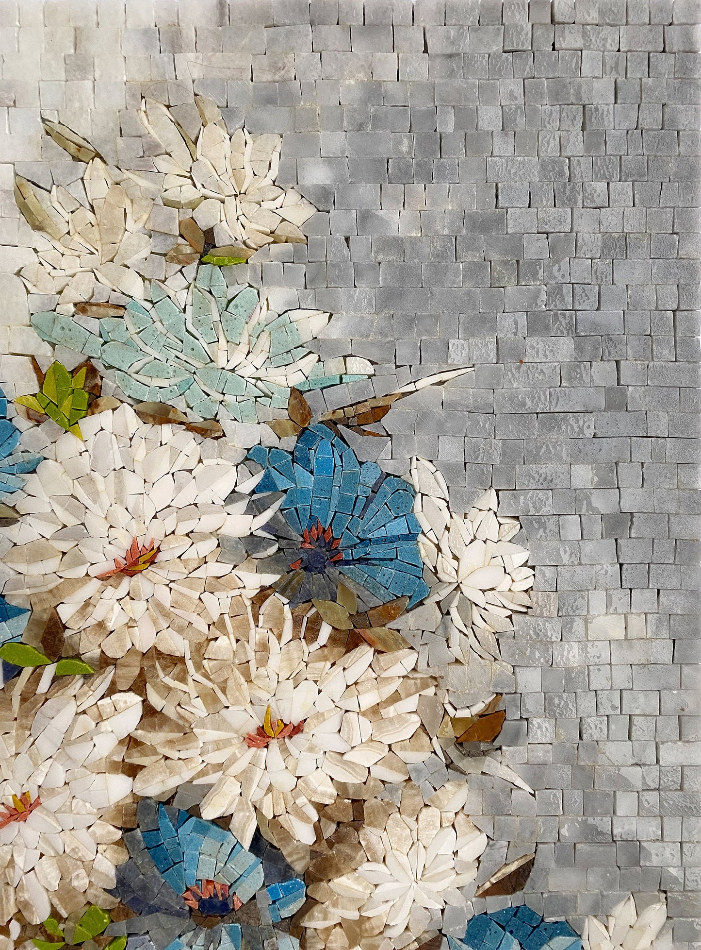 COLORFUL FLOWER ART - Overflowing Vase of Blue Anemones and White Chrysanthemum Mosaic Wall Art