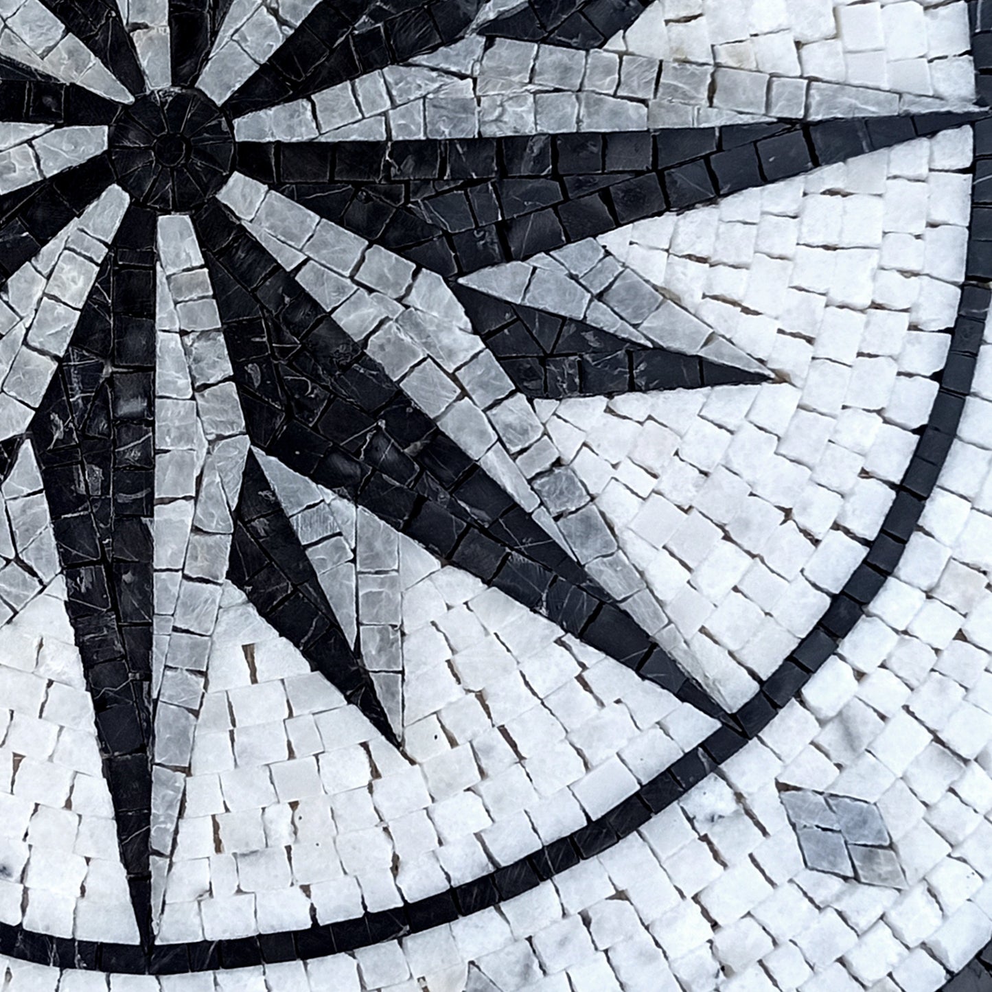 Handmade Marble Mosaic Medallion: Black and Grey Compass Artwork