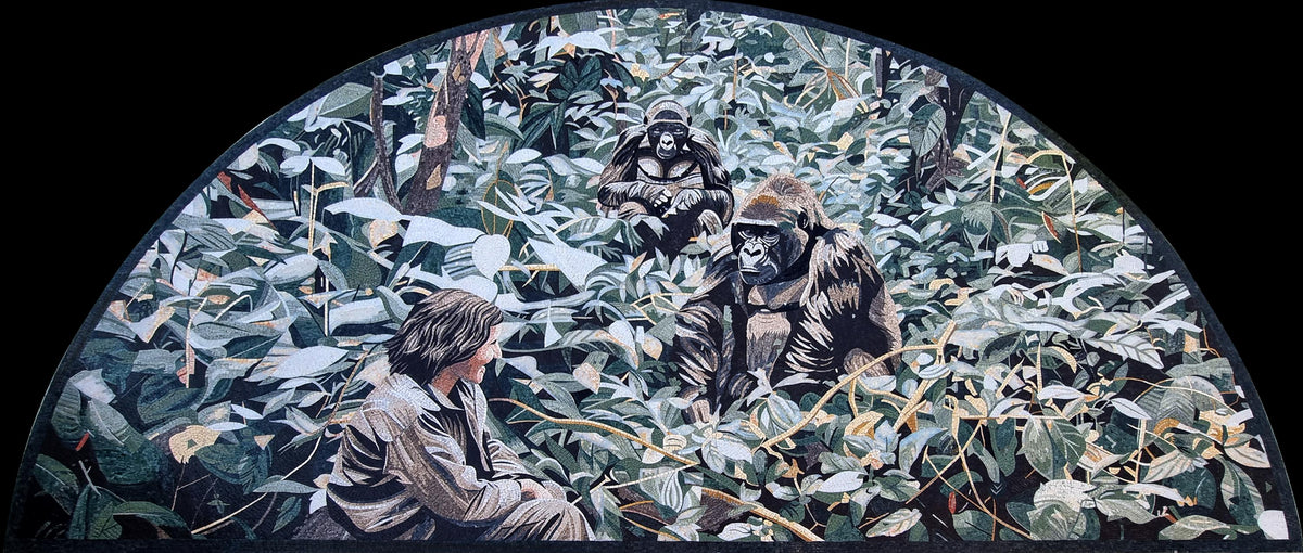 120"x50" Women and Monkey in Grass Mosaic Wall Art – Nature-Inspired Scene, Exotic Home Decor, Customization available