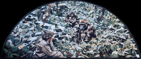 120"x50" Women and Monkey in Grass Mosaic Wall Art – Nature-Inspired Scene, Exotic Home Decor, Customization available