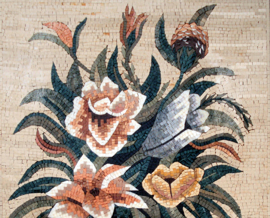Handmade Marble Mosaic Art: Floral Bouquet in Vase