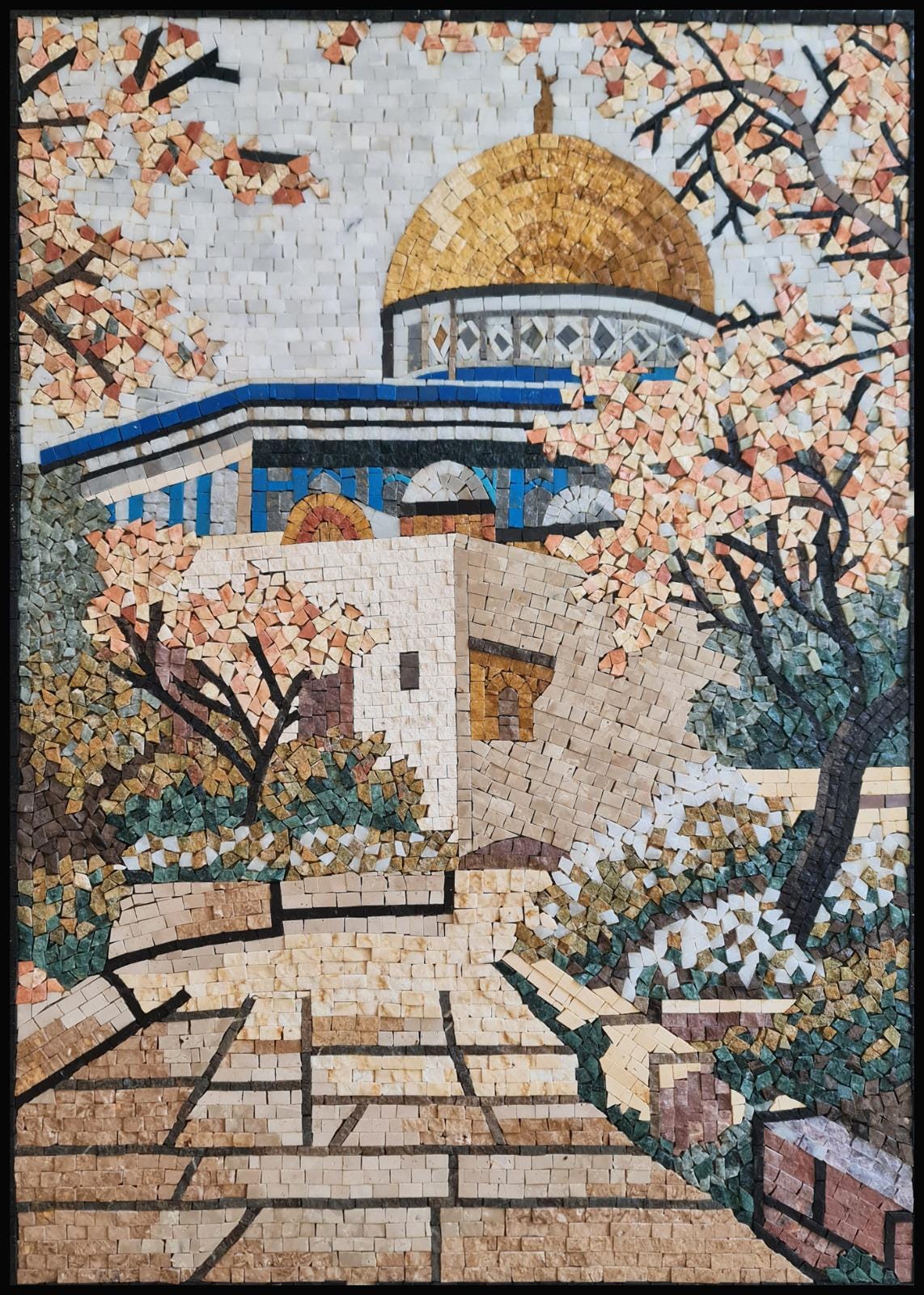 28″×20″ Mosque Covered with Trees Mosaic – Handmade Marble Wall Art, Customizable Size & Color