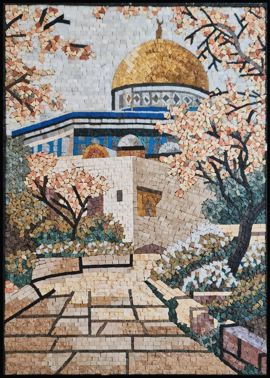 28″×20″ Mosque Covered with Trees Mosaic – Handmade Marble Wall Art, Customizable Size & Color