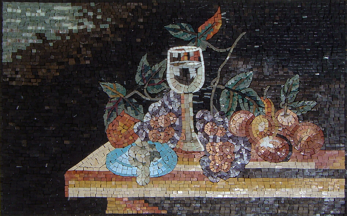 Handmade Still Life Mosaic Tile: Champagne & Fruit Backsplash (30” x 22”)