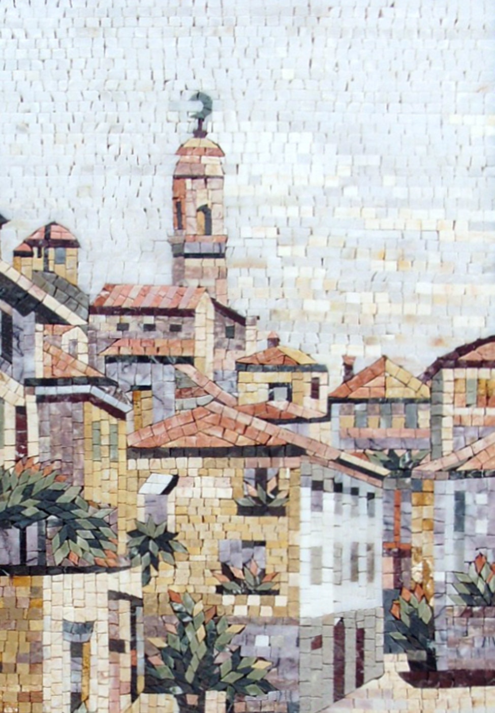Coastal City Mosaic Tile Art: Handmade Marble Artwork (40” x 28”)