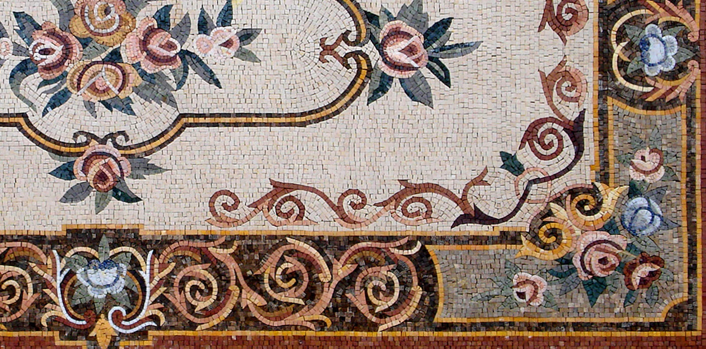 Handmade Marble Mosaic Rug: Floral Stone Inlay (112” x 60")