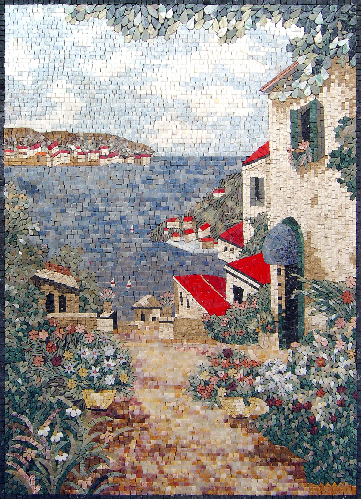 Handmade Coastal Mosaic Tile Art: Beach House Scene (48” x 34”)