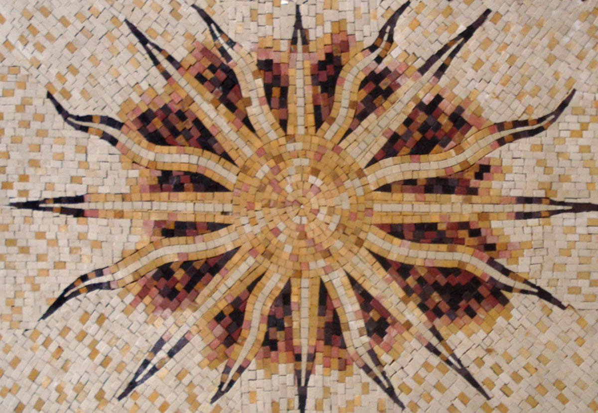 Flaming Sun Marble Mosaic Rug: Handmade Celestial Tile Art