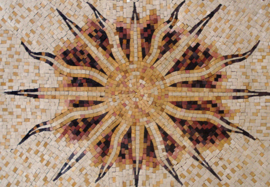 Flaming Sun Marble Mosaic Rug: Handmade Celestial Tile Art