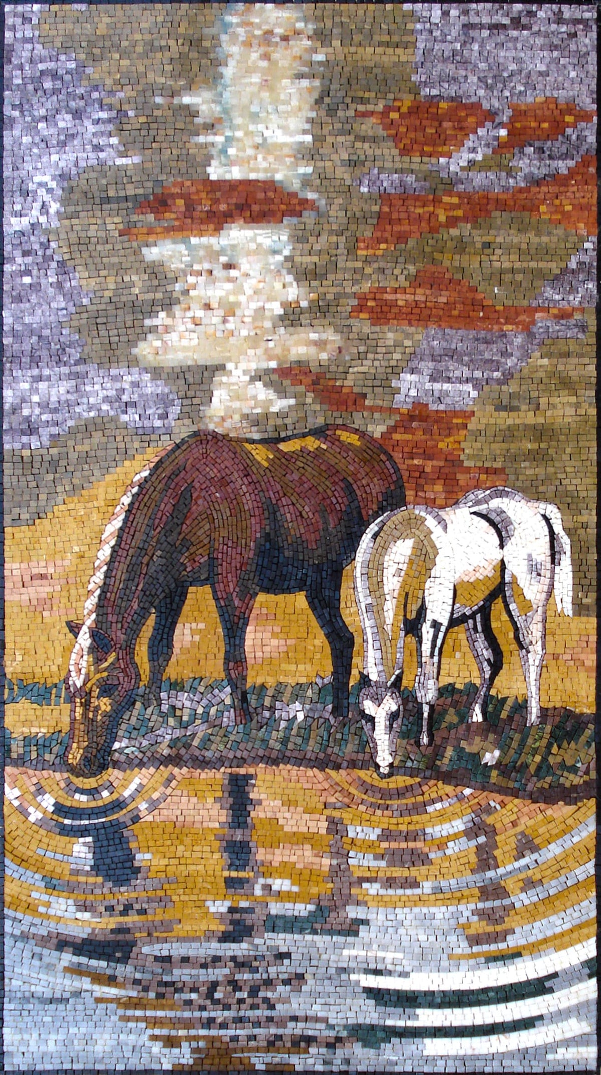 Handmade Horse Mosaic Art: Drinking Horses Stone Mural (52" x 28")