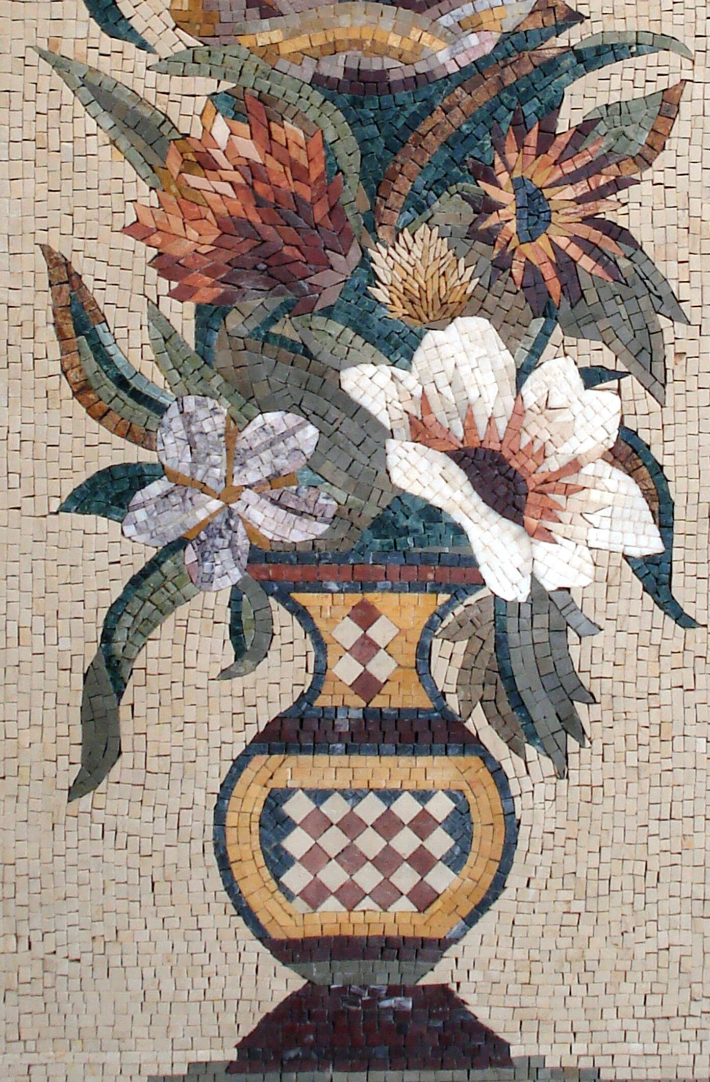 48" Handmade Marble Mosaic Flower With Leaves In Vases Mosaic Tiles For Kitchen Walls