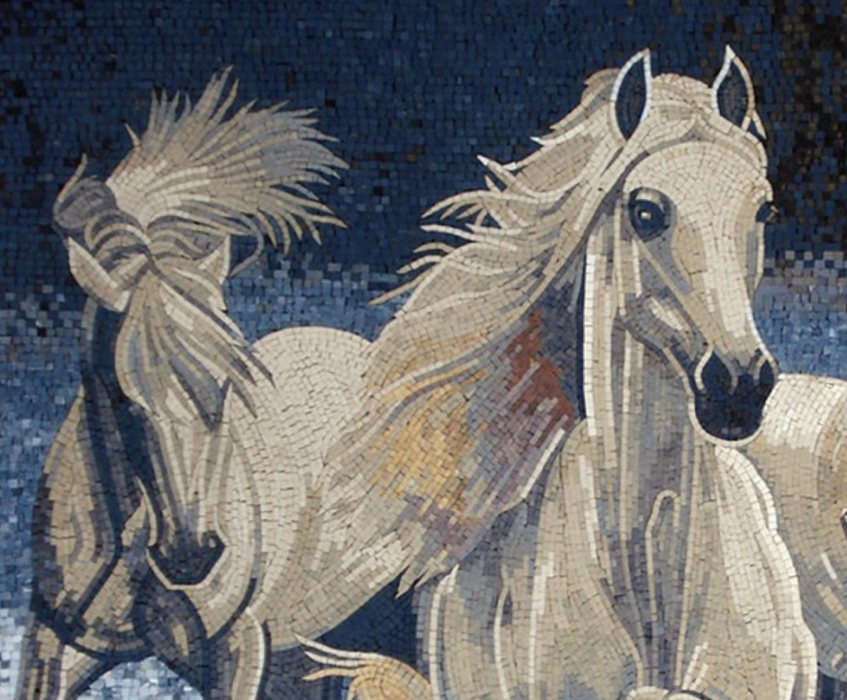 Handmade White Horse Mosaic Tile Mural: Marble Stone Animal Art (60” x 52”)