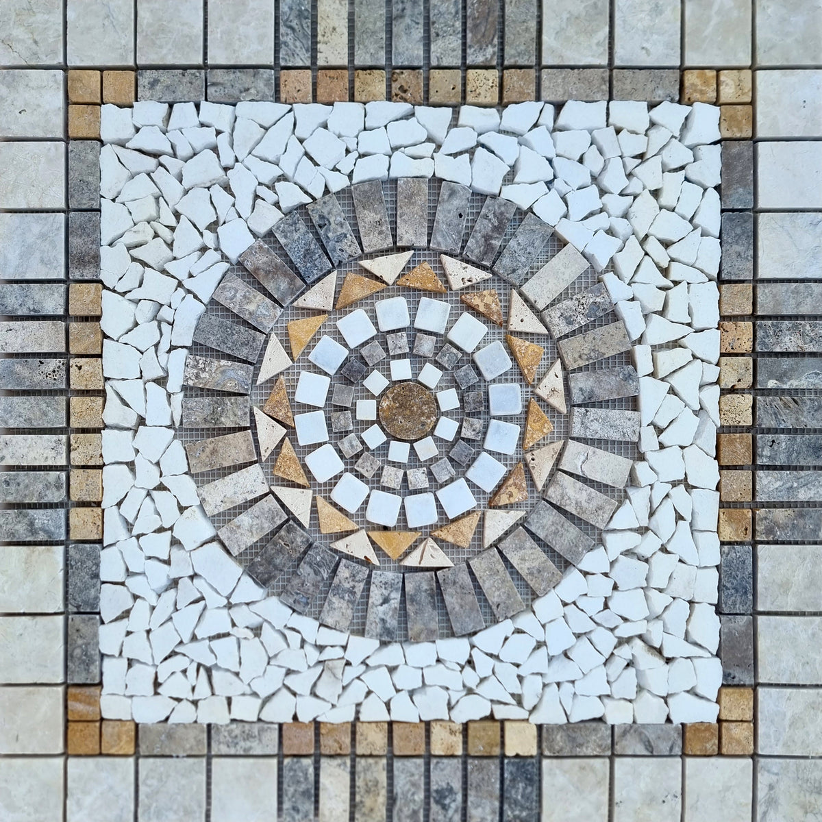 Handmade Natural Stone Mosaic Medallion: Tropical Art Tile (24"x24")