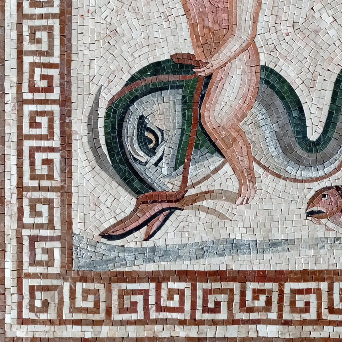 Handmade Eros Mosaic Mural: Greek God on Dolphin, Roman Art Tile (32x32)