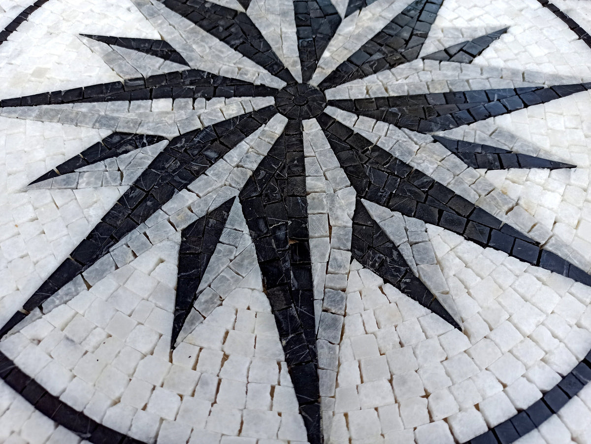 Handmade Marble Mosaic Medallion: Black and Grey Compass Artwork
