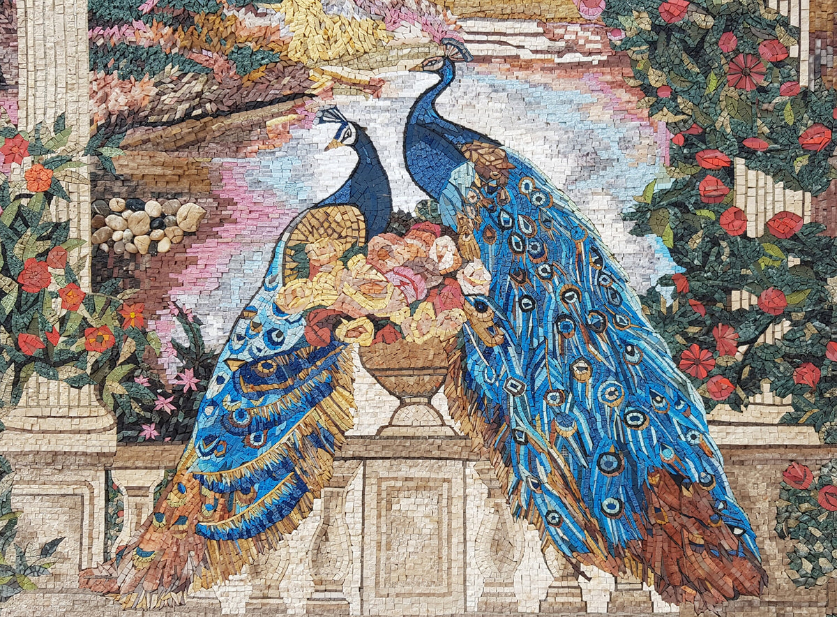 Handmade Peacock Mosaic Tile Art: Botanical Floral Wall Decor (56” x 40")