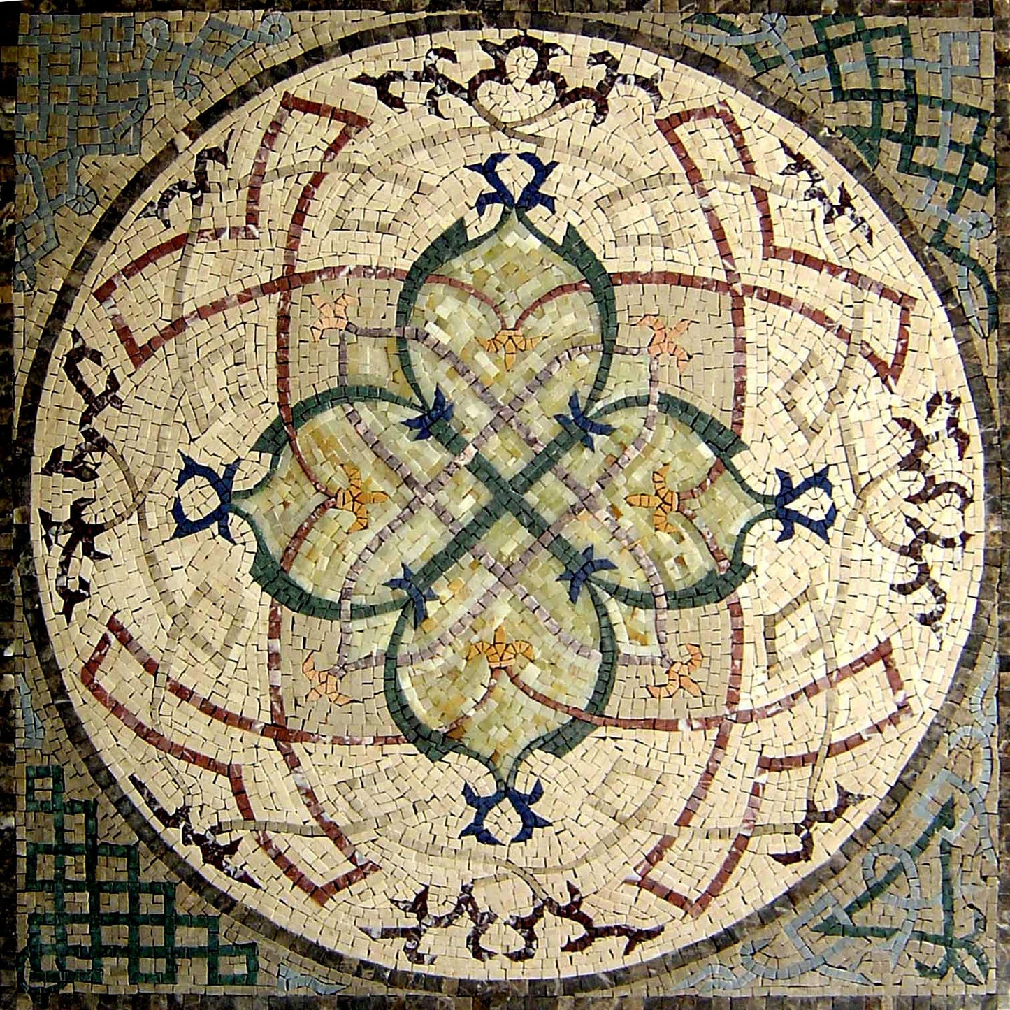 40" Marble Mosaic Floor Tile: Geometric Floral Art