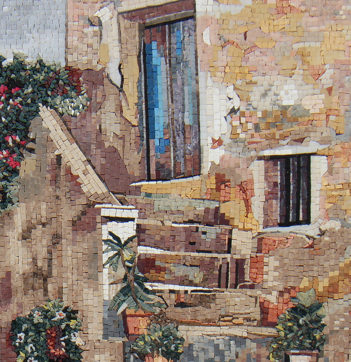 Handmade Cobblestone Street Mosaic Tile Art: European Town Floral Design