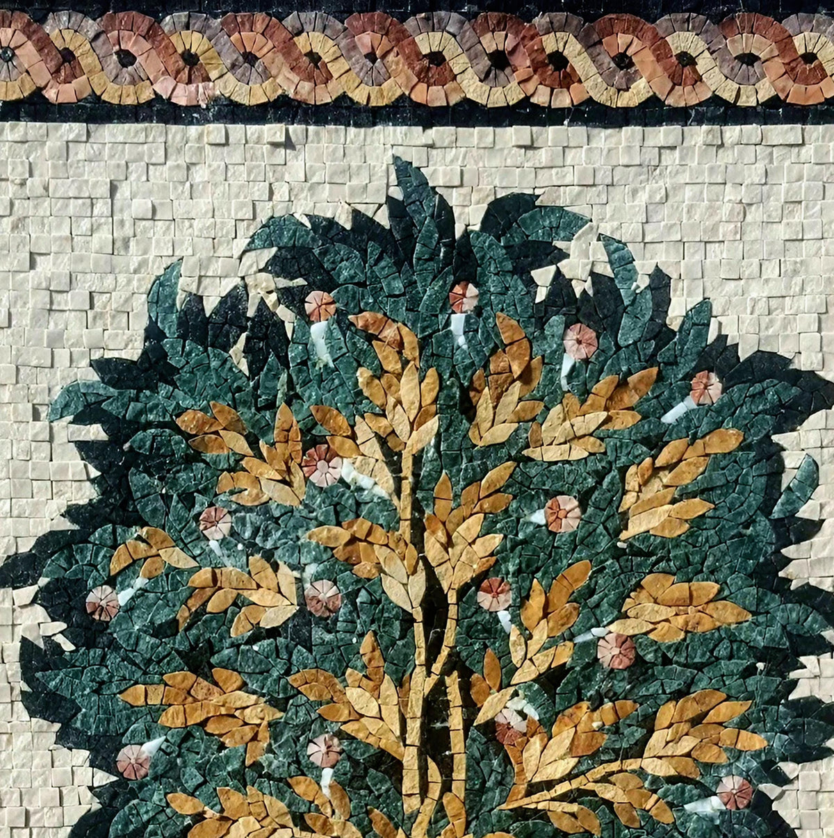 Tree of Life Marble Mosaic Art: Lion & Deer Mural (20" x 20")
