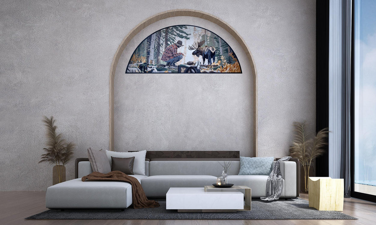 120"x50" Man with Deer Mosaic Wall Art – Wildlife Scene, Nature-Inspired Home Decor, customization available