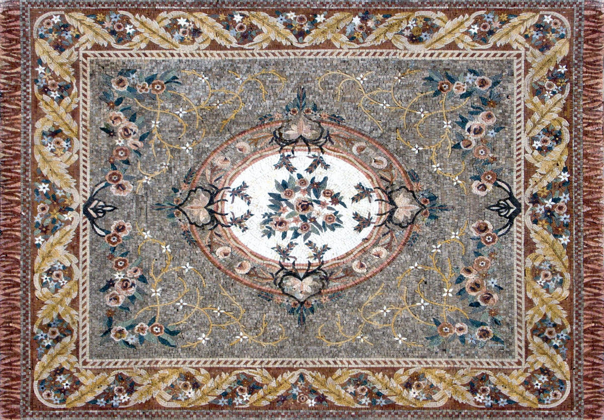 Handmade Marble Mosaic Rug: Floral Stone Medallion (80” x 56")