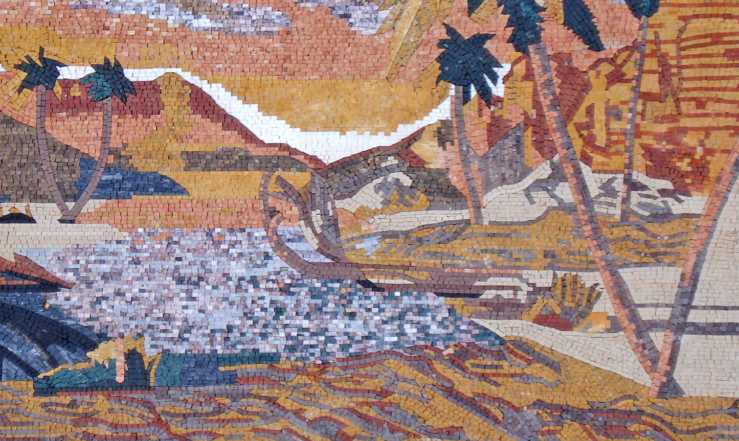 Handmade Desert Mosaic Tile Art: Palm Trees, Lake, Marble Stone