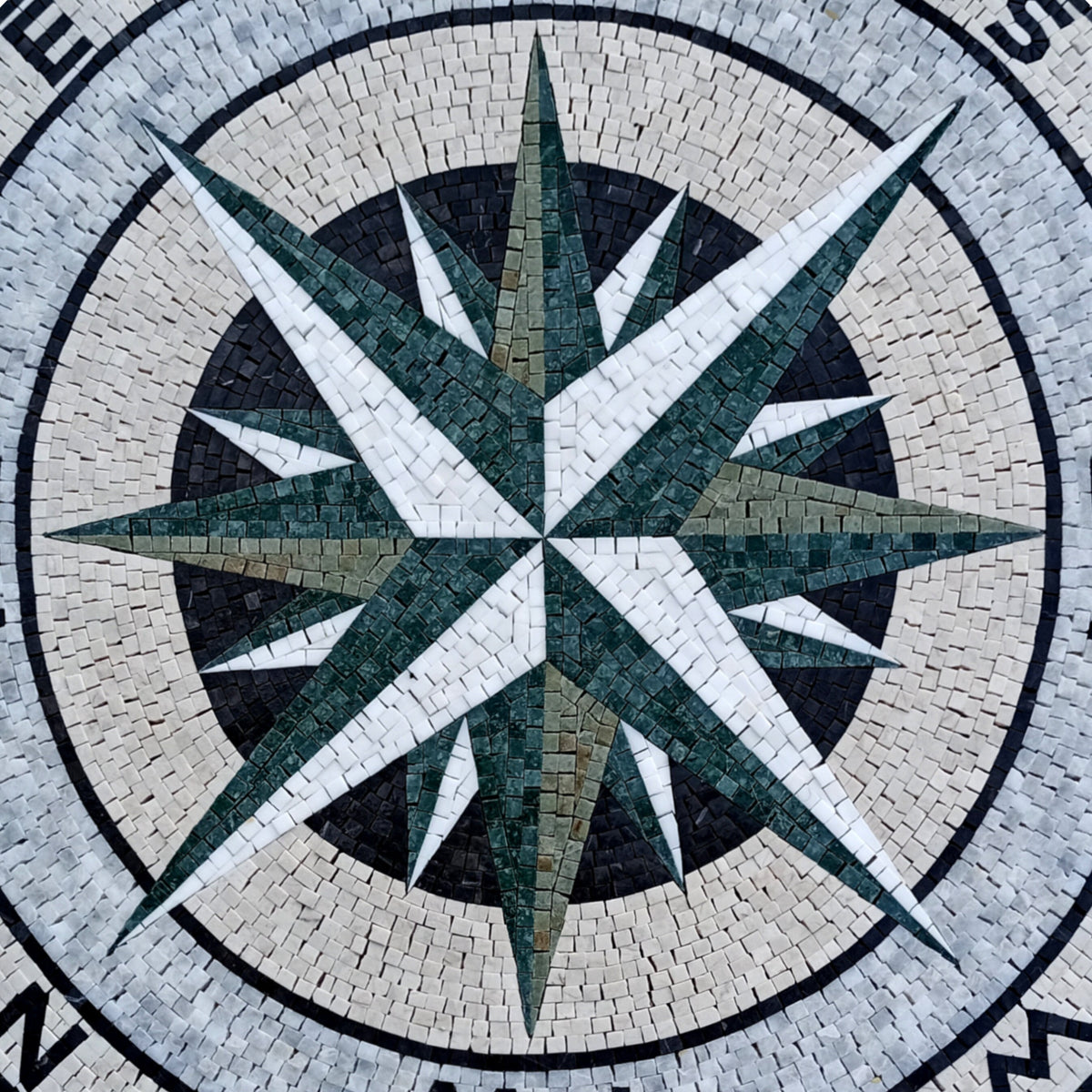 Handmade Compass Mosaic Tile: Wind Rose Medallion, Indoor/Outdoor (32" Diameter)