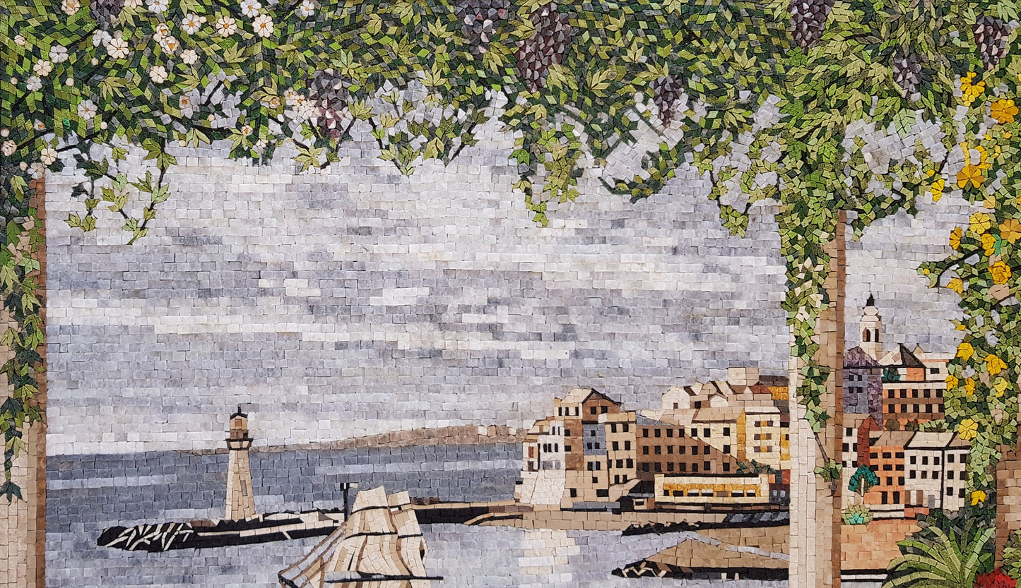 Handmade Seaport Mosaic Tile Art: Floral Botanical Walkway View