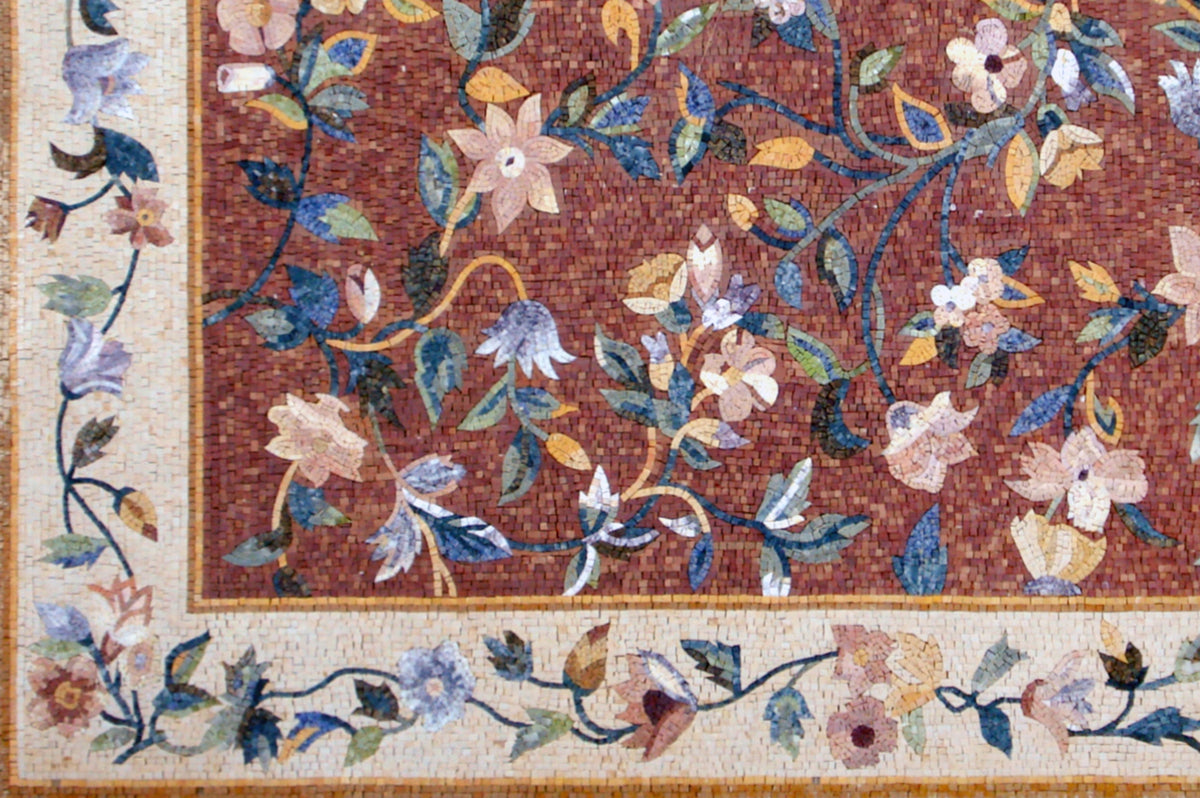 Flower Border Marble Mosaic Rug: Handmade Stone Tile Rug